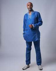 Men’s Embroidered Blue Linen Set (Slim Fit)