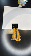 Long Mustard Yellow Leather Tassel Earrings - Statement Dangle Jewelry