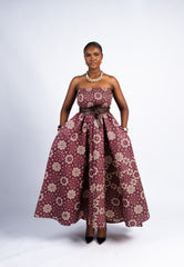 Maroon and Beige Floral Print Strapless Maxi Dress