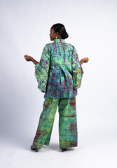 Women's Green and Purple Tie-Dye Batwing Top & Wide-Leg Pants Set