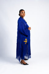 Women's Royal Blue Fringe Cardigan with Gold Adinkra Symbols