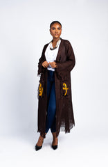Women's Brown Linen Duster with Gold Adinkra Appliqués