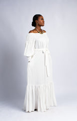 Women's Off-the-Shoulder Smocked White Maxi Dress with Puff Sleeves