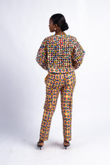 Women's Multicolor Geometric Print Laser-Cut Sleeve Jacket & Pants Set