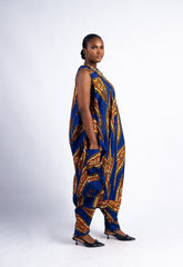 Women's Blue & Orange Abstract Print Harem Jumpsuit with Pockets