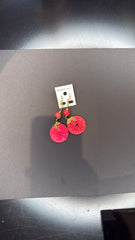 Pink Swirl Disc Earrings with Red Beads - Bohemian Dangle Jewelry