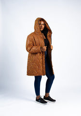 Women's Mustard and Black Geometric Quilted Puffer Jacket