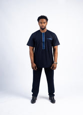 Men's Deep Navy Kaftan Set with Blue Accent Placket
