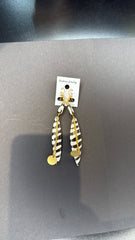 Zebra Print Feather Dangle Earrings with Gold Disc Charm