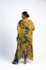 Women's Yellow & Green Tie-Dye Fringe Kimono Cardigan