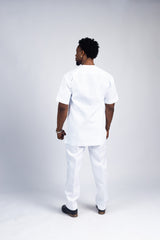 Men's Crisp White Kaftan Set with Gold Embroidery