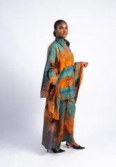 Women's Orange & Teal Abstract Print Kimono Top & Wide-Leg Pants Set