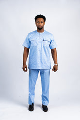 Men's Sky Blue Textured Tunic & Trouser Set