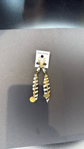 Zebra Print Feather Dangle Earrings with Gold Disc Charm