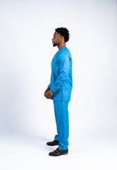 Men's Sky Blue African Print Kaftan & Trouser Set