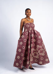 Maroon and Beige Floral Print Strapless Maxi Dress