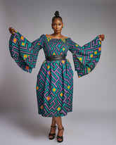 African Print Double Bell Sleeve Midi Dress