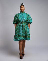 Women's Ankara Bubble Sleeve Belted Dress