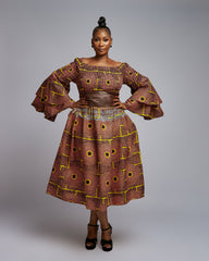 African Print Double Bell Sleeve Midi Dress