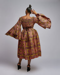 African Print Double Bell Sleeve Midi Dress