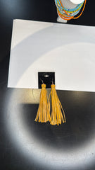 Long Mustard Yellow Leather Tassel Earrings - Statement Dangle Jewelry