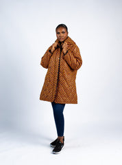 Women's Mustard and Black Geometric Quilted Puffer Jacket