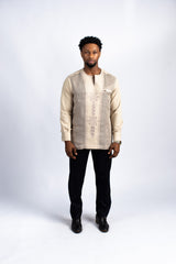 Men's Embroidered Linen Tunic with Contrast Panel