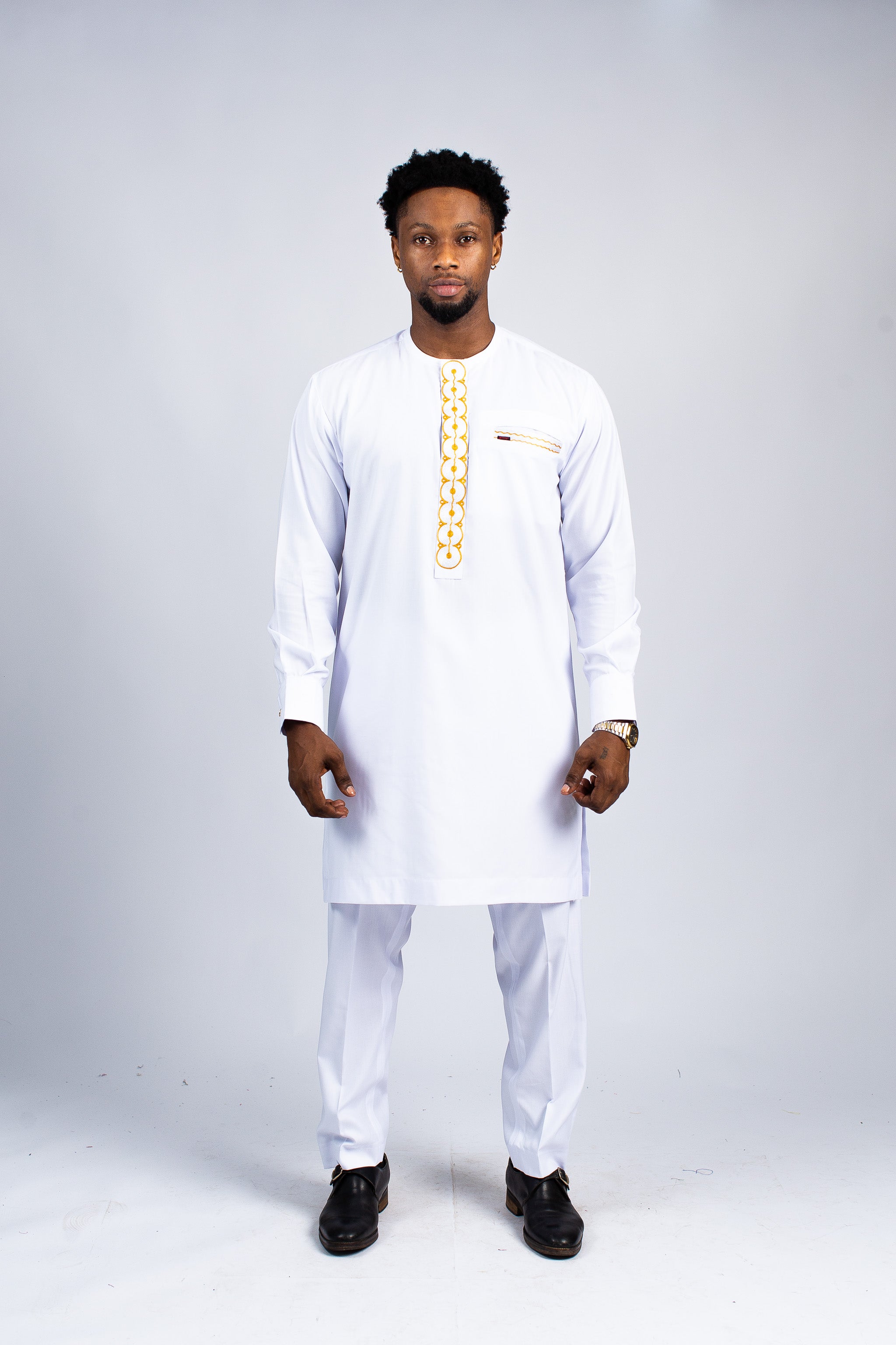 Men's White Tunic & Trouser Set with Gold Embroidery S / White Men's White Tunic & Trouser Set with Gold Embroidery S / White