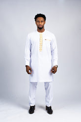 Men's White Tunic & Trouser Set with Gold Embroidery