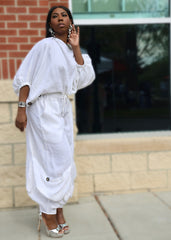 Women's White Linen Dropped Shoulder Pants Set