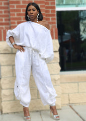 Women's White Linen Dropped Shoulder Pants Set