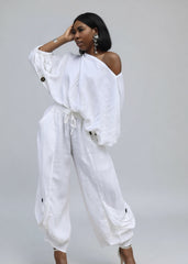 Women's White Linen Dropped Shoulder Pants Set