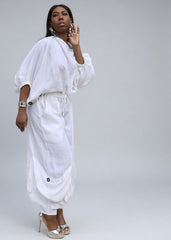 Women's White Linen Dropped Shoulder Pants Set