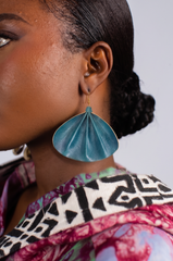 Large Teal Folded Leather Earrings - Statement Dangle Jewelry
