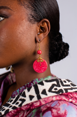 Pink Swirl Disc Earrings with Red Beads - Bohemian Dangle Jewelry