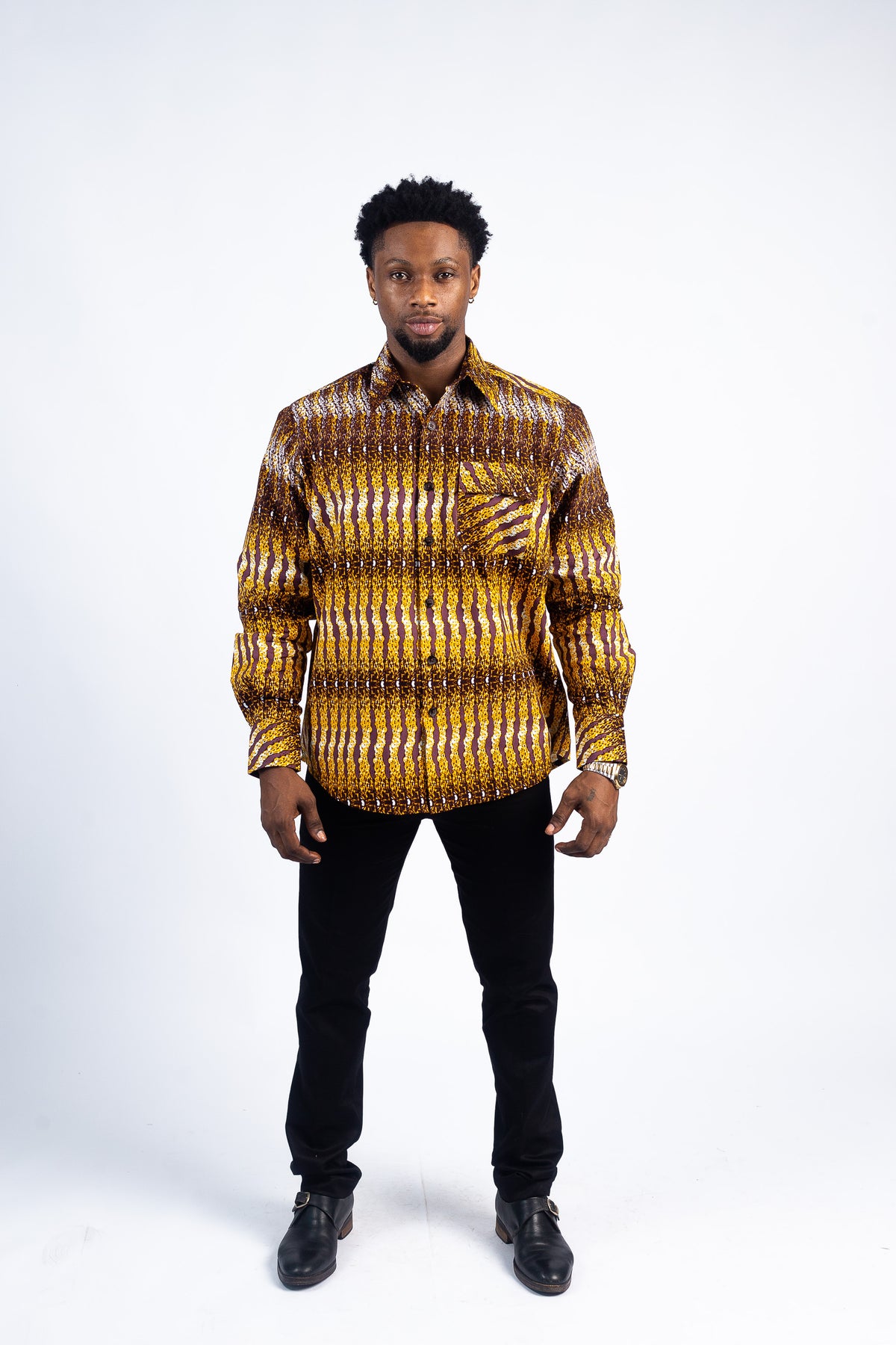 Men's Golden & Brown Abstract Striped Long-Sleeve Shirt
