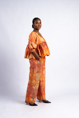 Women's Warm Orange Tie-Dye Peplum Top & Wide-Leg Pants Set