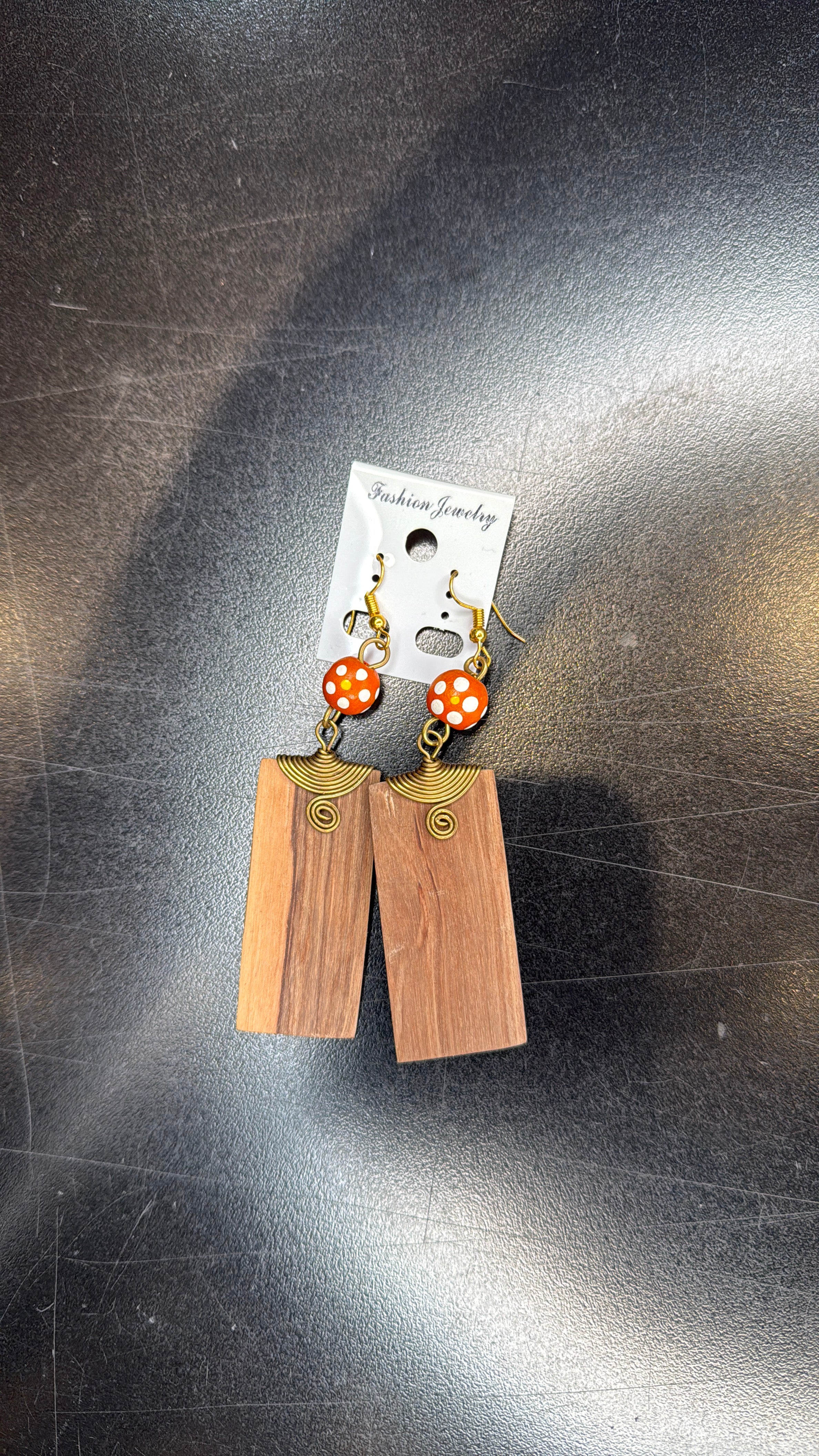 Polka Dot and Wooden Rectangle Dangle Earrings - Bohemian Jewelry