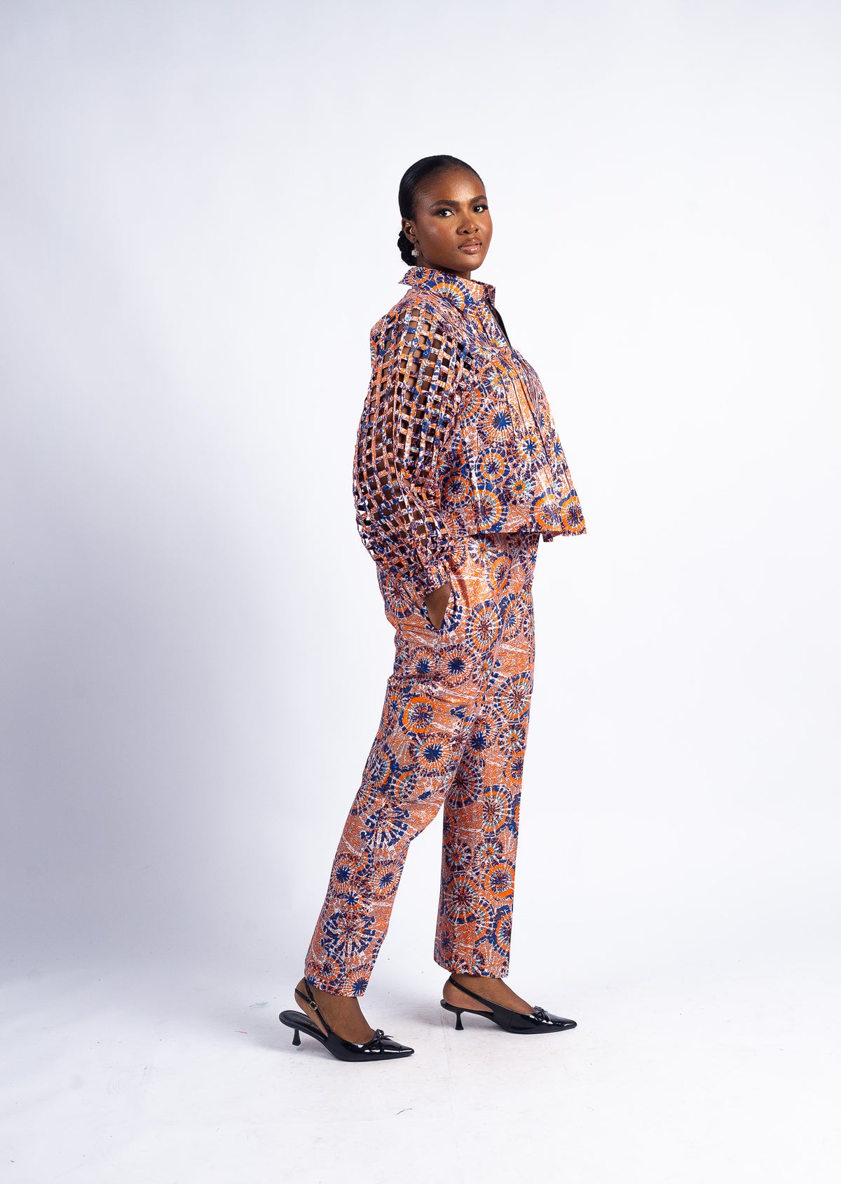 Women's Orange & Blue Geometric Print Laser-Cut Sleeve Jacket & Cargo Pants Set