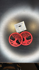 Red Tree of Life Wooden Earrings - Statement Dangle Jewelry