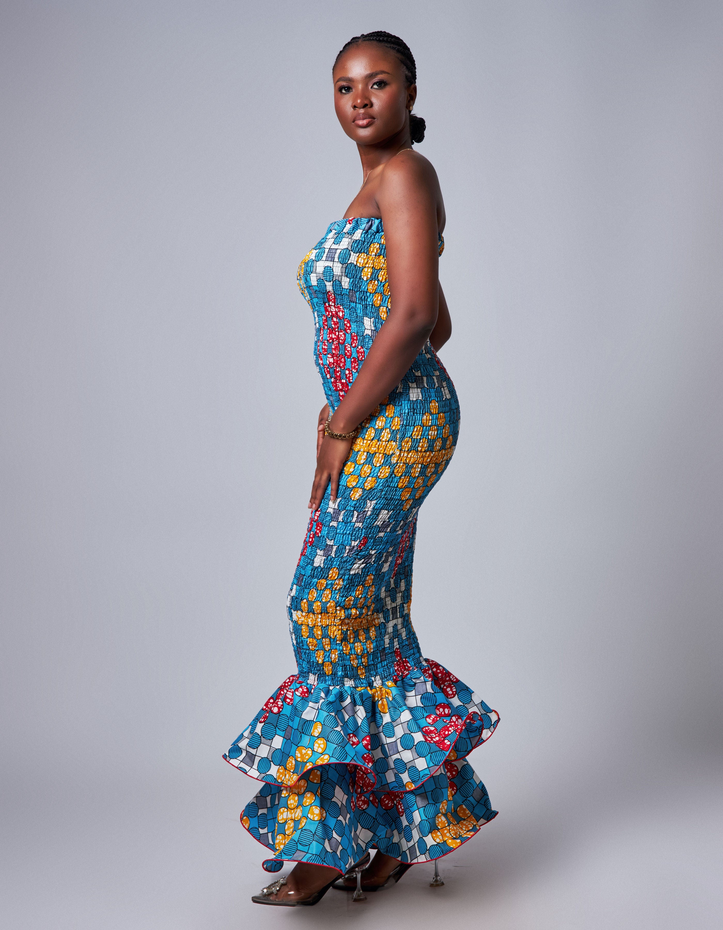 Ankara Women Elastic Maxi Dress - Long Pure Cotton | Comfortable & Elegant Blue / S - L / Cotton Ankara Women Elastic Maxi Dress - Long Pure Cotton | Comfortable & Elegant Blue / S - L / Cotton