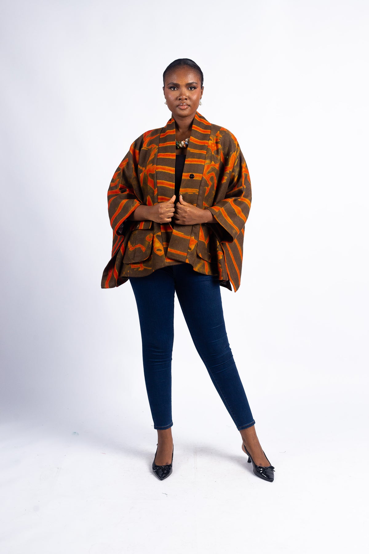 Women's Brown & Orange Abstract Print Kimono-Style Blouse / Jacket