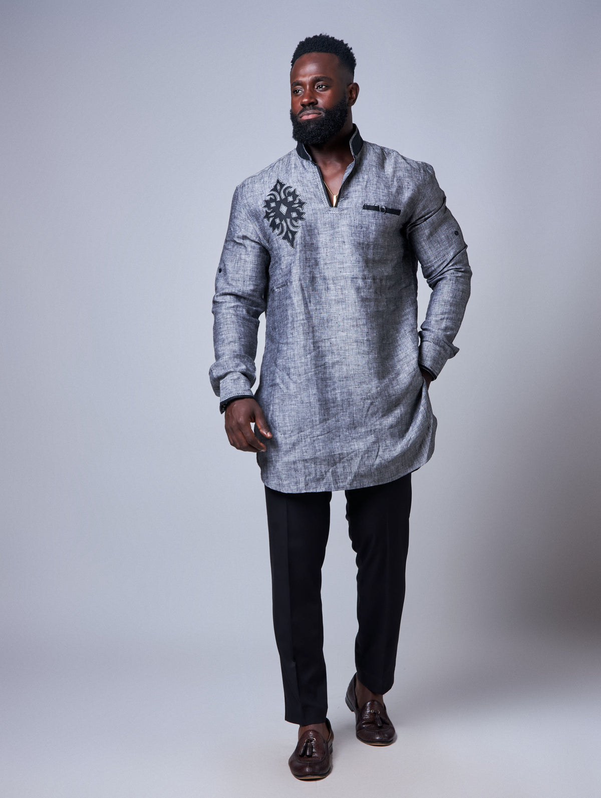 Men's Premium Adinkra Gray Linen Shirt