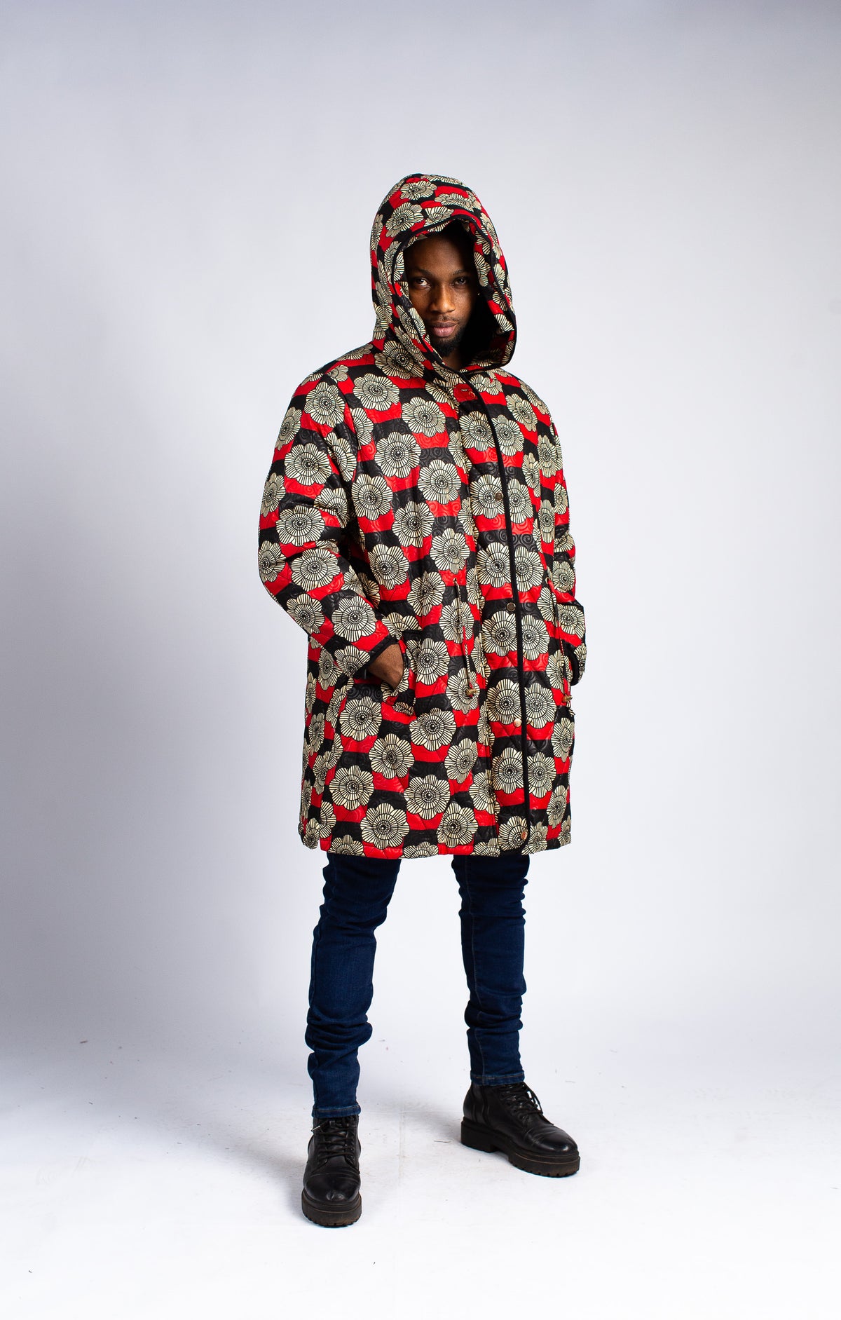 Men's Statement Hooded Parka with Floral Wax Print