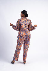 Women's Orange & Blue Geometric Print Laser-Cut Sleeve Jacket & Cargo Pants Set