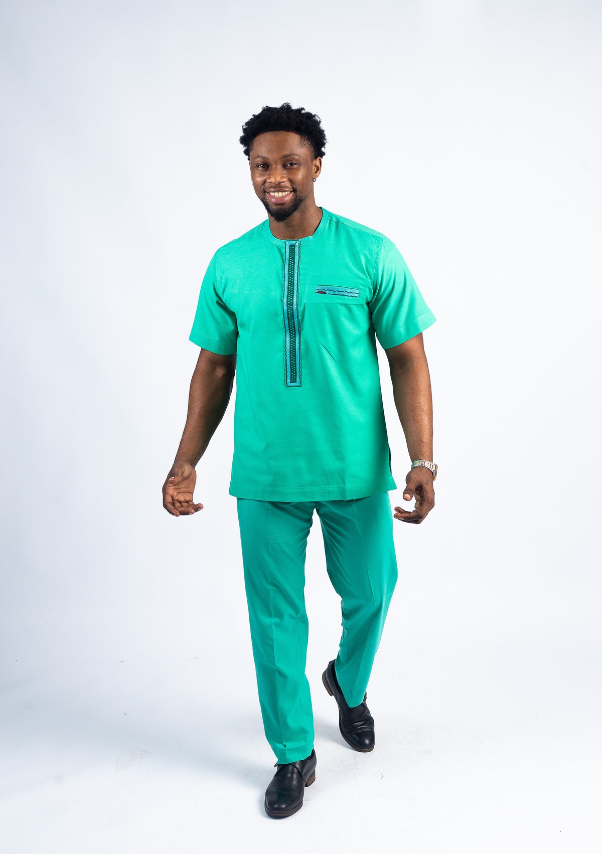Mint Green Kaftan Set with Teal Embroidery