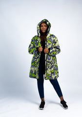 Women's Tropical Leaf Print Quilted Puffer Jacket with Hood