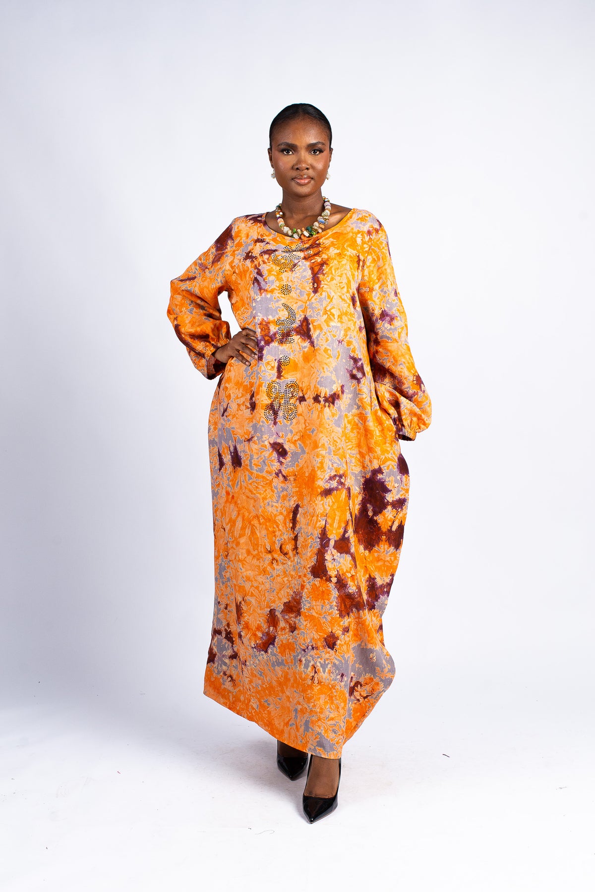 Women's Orange and Gray Tie-Dye Oversized Maxi Dress