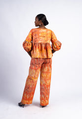 Women's Warm Orange Tie-Dye Peplum Top & Wide-Leg Pants Set