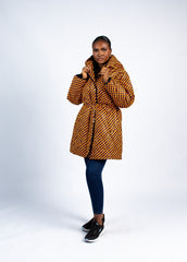 Women's Mustard and Black Geometric Quilted Puffer Jacket